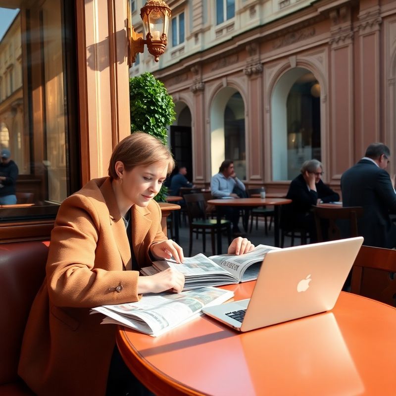 Čtenář si prohlíží noviny a notebook u kávy v Praze